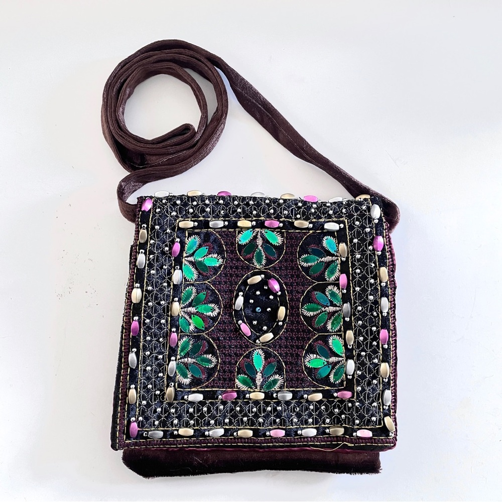 Velvet Embroidered Beaded Crossbody Bag Boho Festival Shoulder Purse Embellished